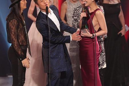 Star Awards: Jeanette Aw takes a tumble