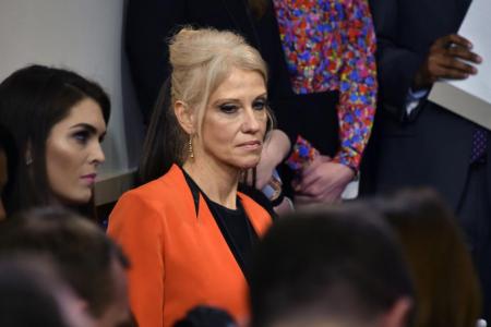 Senior aide Kellyanne Conway listening while White House Press Secretary Sean Spicer holds the daily press briefing at the White House on Jan 23