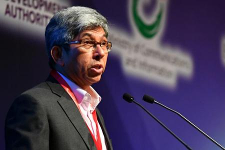 Minister Yaacob Ibrahim giving the welcome remarks at the opening of the Ministerial Forum on Infocomm Media (ICM) at Marina Bay Sands Expo and Convention Centre on May 22, 2017.