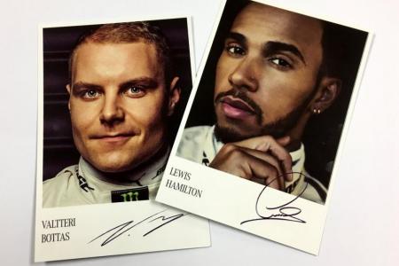 Win F1 postcards signed by Lewis Hamilton and Valtteri Bottas