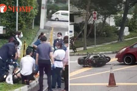 Healthcare workers rush to help man in accident involving car, motorcycle outside Yishun Polyclinic