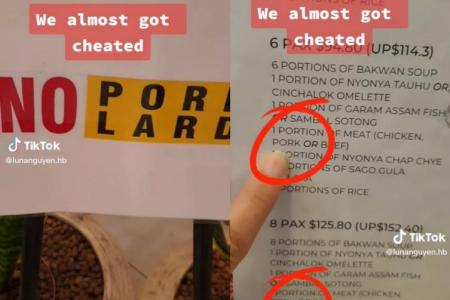 Woman "almost cheated" by 'no pork lard' sign; cautions other diners