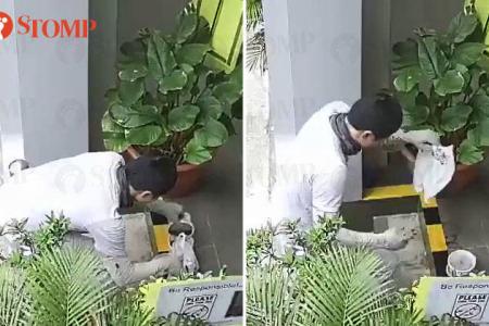 Delivery rider pours spilt soup back into container