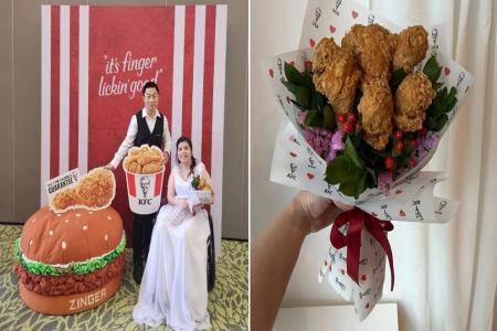 Couple serves KFC at wedding banquet, bride holds fried chicken bouquet