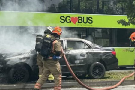 Man taken to hospital after car skids and burns in AMK