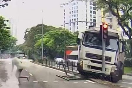 Garbage truck loses control in Havelock area, toppling traffic light and almost hitting pedestrian  