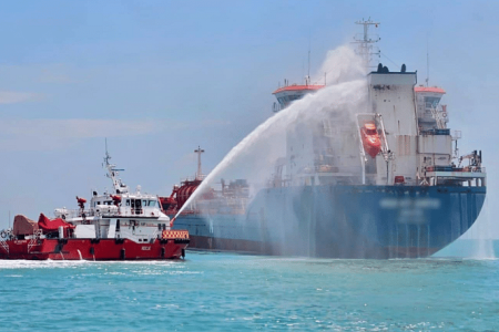 Ship ablaze in Johor Straits; all crew members accounted for