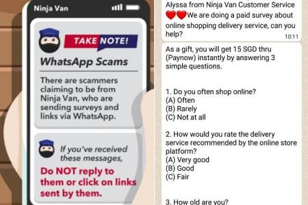 Fraudsters pose as Ninja Van staff on WhatsApp to lure victims through paid survey