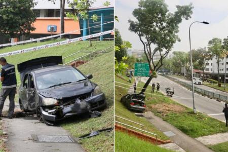 Car slams into lamp post in Hougang; three men seen leaving crash site hurriedly
