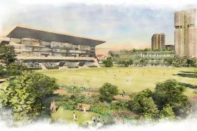 An artist&#039;s impression of a repurposed grandstand in Bukit Timah Turf City, with a central open space in front of it.