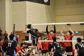 Nanyang Junior College&#039;s Renfred Eng&#039;s spikes against Hwa Chong Institution in the A Division boys&#039; volleyball final.