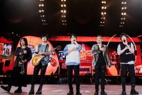 Taiwanese rock band Mayday, comprising (from left) bassist Masa, guitarist Monster, drummer Guan You, guitarist Stone and lead vocalist Ashin, at a concert at the Shanghai Stadium in China on Nov 15.