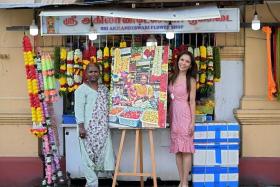 Japanese artist Tsuyumi Miwa aims to showcase unique skills in Singapore that are at risk of disappearing. She is with mala flower seller Madam Sevugan Ponnalagu at her Serangoon stall.