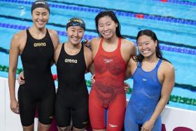 The Singapore women&#039;s 4x100m medley relay team (from left) Quah Ting Wen, Quah Jing Wen, Letitia Sim and Levenia Sim set a new national record of 4min 2.88sec at the World Aquatics Championships.
