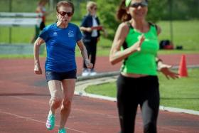 Italian master runner Emma Maria Mazzenga, 90, in action during the women&#039;s 100m W90 category race, in San Biagio di Callalta, Treviso, Italy, May 4, 2024. REUTERS/Remo Casilli