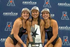 Singapore swimmer Christie Chue (centre) and her relay teammates Nicole Frank-Rodriguez (left) and Ana Luiza Daisson celebrating Florida International University&#039;s maiden American Athletic Conference swimming and diving crown.
