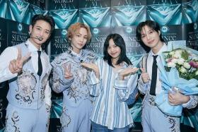 Blackpink&#039;s Lisa (second from right) with Shinee&#039;s (from left) Minho, Key and Taemin. The K-pop group held their World VI: Perfect Illumination concert in Singapore on March 2.