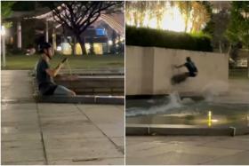 Stephan Kovalkov wakeboarded across the water feature and performed a &quot;wall slide&quot; - jumping into the air with his board and scraping it against the wall of the monument.