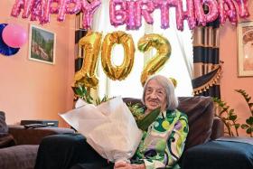 Agnes Keleti during her 102nd birthday in her flat in Budapest, Hungary, in Jan 2023.