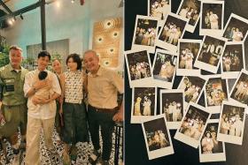 Singaporean actor Desmond Tan's baby girl's 100th-day party was attended by celebrity guests like (from left) Chen Hanwei, Zoe Tay, Pan Lingling and Richard Low.