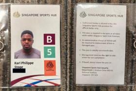 The Singapore Sports Hub staff pass forged by Karl Phillippe Njiomo Tengueu, who was jailed for 10 weeks on May 24.
