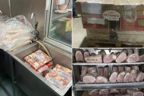 (Clockwise from left) Improper thawing of meat at LPH Catering, seized products from Alternative Selection and products stored in unlicensed cold store by Go Go Foods Singapore.