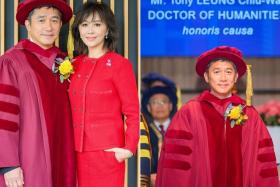 Hong Kong film actor Tony Leung Chiu Wai, who was awarded an honorary doctorate by the Hong Kong University of Science and Technology, with his actress-wife Carina Lau. 