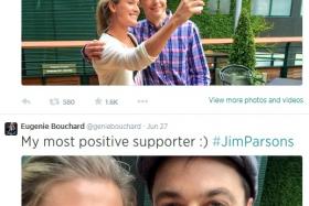 Eugenie Bouchard and US actor Jim Parsons of the show &#039;The Big Bang Theory&#039; taking a photo at this year&#039;s Wimbledon at London. 