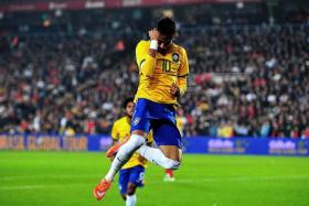 SKIPPER SHOWS THE WAY: Neymar celebrating after scoring against Turkey.