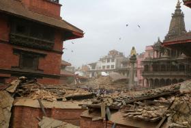 DEVASTATION: Patan Dubar Square just before and moments after (above) the quake.