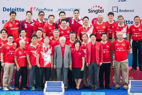 WINNERS: (Above) Former water polo players, who represented Singapore from 1965 to 2013 at the SEA Games, with President Tony Tan, his wife Mary and Minister for Culture, Community and Youth Lawrence Wong (in red jacket). They donated 25 gold medals, which will be displayed at the Singapore Sports Museum.