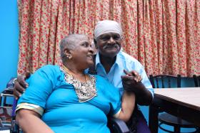 HELPING EACH OTHER: Madam Marippan Jayaletchimi with her husband Mr A A Vasaant, 68, at the launch of the Portrait of Love exhibition on Friday (April 22)