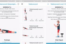 Screenshots from the 7 Daily Moves app, a fitness app made in Singapore that teaches users how to perform workouts.