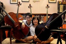 DUO: Madam Jazz Wong learnt how to pay the cello from her cello instructor son, Mr Hughes Chong.