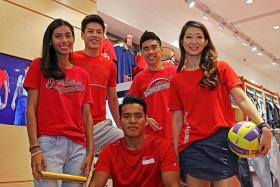 FRESH LOOK: From left, Team Singapore athletes Dipna Lim-Prasad (athletics), Chase Tan (basketball), Shakir Juanda (silat), Tay Wei Ming (badminton) and Charmaine Soh (netball) posing in the new dENiZEN Team Singapore apparel.