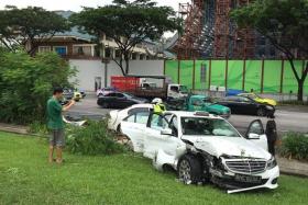 DAMAGED: The taxi and the Honda Civic after the accident yesterday.