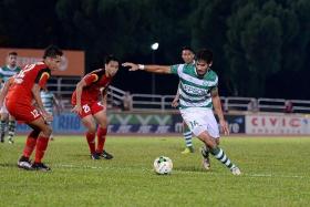 POACHER: Geylang International coach Hasrin Jailani hails the difference his mid-season transfer signing, Mark Hartmann (far right), has made with his goals.