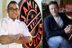 Mr Jerome Rezel (left) is now the head chef of Jamie&#039;s Italian Kuta Beach in Bali, a branch of English celebrity chef Jamie Oliver&#039;s (right) restaurant chain. 