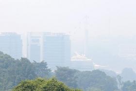 HAZY OUTLOOK: The haze also nearly masked Harbourfront Centre, the cable cars, and Sentosa as seen from Mount Faber Park at noon.