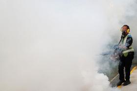 CONTROL: National Environment Agency officers and contractors were fogging the area around Block 120, Paya Lebar Way.