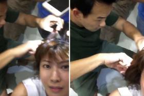 Fellow actor Bryan Wong and crew rushed to brush glass out of Jeanette Aw&#039;s hair and body. 