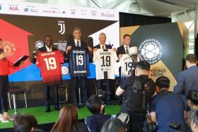 From left, legends Dwight Yorke, Francesco Toldo, Fabrizio Ravanelli and Teddy Sheringham at an event announcing the 2019 International Champions Cup fixtures in Singapore.