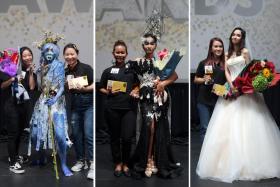 (From left) Ms Shaynne Ng and Ms Li Li Juan, winners of the Body Art/Special Effects category, Ms Iryanti, winner of the Fashion category, and Ms Carrine Leong, winner of the Bridal category. 