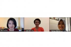 Ms Sun Xueling, Ms Low Yen Ling and Ms Rahayu Mahzam at a virtual dialogue yesterday titled Conversations On Women Development, the first in a series that aims to gather feedback on issues that affect women in the home, school, workplace and community. 