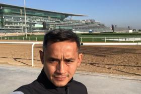 Jockey Benny Woodworth taking a selfie at the sprawling Meydan racecourse in Dubai. He will ride there for three months for legendary South African trainer Mike de Kock before resuming in Singapore in early April.