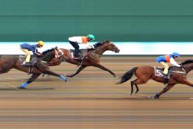 Tiger Roar, who usually comes from behind, taking Trial 3 at Kranji yesterday morning from a more forward position with jockey Manoel Nunes astride.