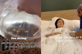 TikTok user User818391963 had food poisoning after eating 'Dancing Shrimp' (left) in Phuket, while user Blooppbloop0 (right) suffered a similar fate after having raw oysters, also in Phuket.