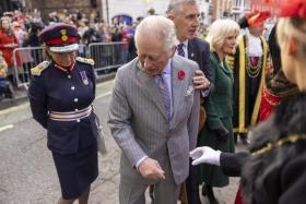 King Charles III reacts after an egg was thrown in his direction during a ceremony at Micklegate Bar in York, northern England on Nov 9, 2022 as part of a two-day tour of Yorkshire