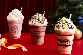 (From left to right) Pure Red Velvet Ice Blended drink, Pure Peppermint Chocolate Ice Blended drink, and Macadamia White Chocolate Ice Blended drink from Coffee Bean &amp; Tea Leaf&#039;s Holiday 2022 selection.