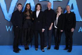 (L-R) British-Australian actor Sam Worthington, US actress Zoe Saldana, US actress Sigourney Weaver, Canadian filmmaker James Cameron, British actress Kate Winslet and US actor Stephen Lang pose during a photocall for Avatar: The Way Of Water in London on Dec 4, 2022.